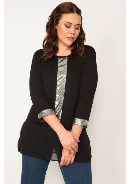 Kadın Siyah Lame Detaylı Etek Ucu Şifon Tunik 65N32079