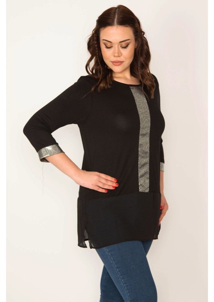 Kadın Siyah Lame Detaylı Etek Ucu Şifon Tunik 65N32079 modelleri