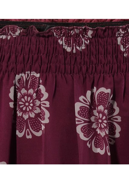 Kadın Büyük Beden Bordo, Bel Gipe Lastikli , Çiçek Desenli Astarlı Şifon Etek 65N38943