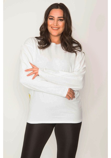 Kadın Kemik Pamuklu Kumaş Bisiklet Yakalı Sırt Baskı Detaylı Sweatshirt 65N31024 fiyatları