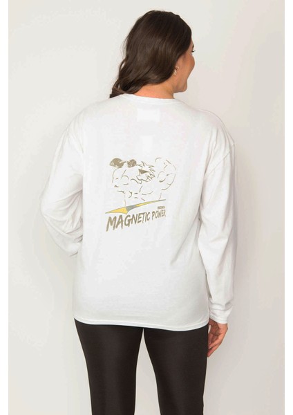 Kadın Kemik Pamuklu Kumaş Bisiklet Yakalı Sırt Baskı Detaylı Sweatshirt 65N31024 fırsatları