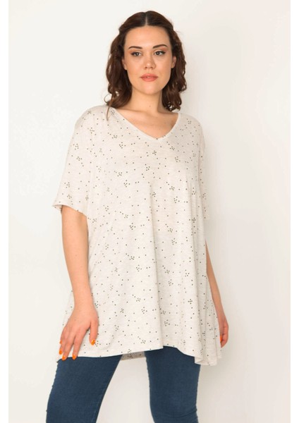 Kadın Vizon Pamuklu Kumaş V Yaka Desenli Tunik 65N32657