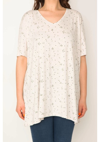Kadın Vizon Pamuklu Kumaş V Yaka Desenli Tunik 65N32657 fırsatları