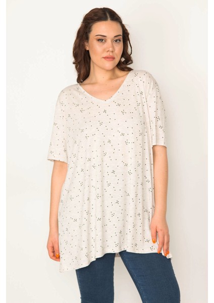 Kadın Vizon Pamuklu Kumaş V Yaka Desenli Tunik 65N32657 indirimleri