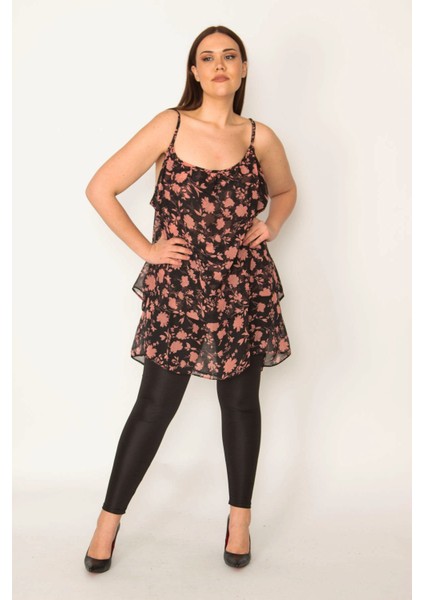 Kadın Renkli Desenli Şifon Kumaş Askılı Katlı Tunik 65N32041