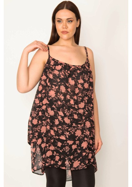 Kadın Renkli Desenli Şifon Kumaş Askılı Katlı Tunik 65N32041