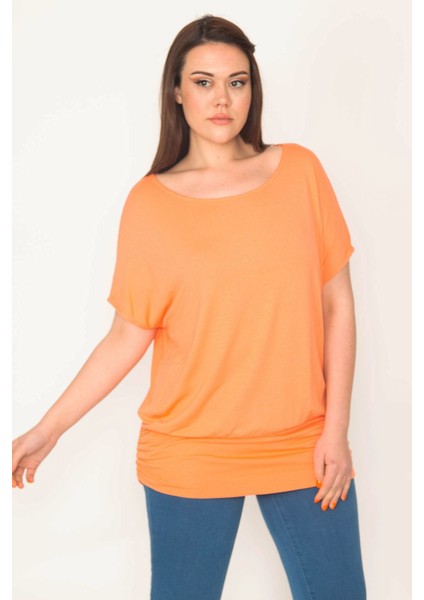 Kadın Camgöbeği Yeşil Bisiklet Yaka Etek Ucu Bantlı Düşük Kollu Tunik 65N32563 fırsatları