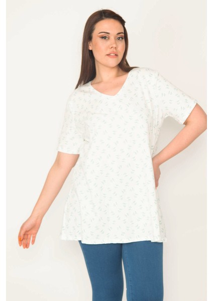 Kadın Kemik Pamuklu Kumaş V Yaka Desenli Tunik 65N32654