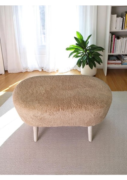 Eksen Teddy Kumaş Oval Puf - Geniş Puf - Masif Ahşap Ayaklı, Çok Amaçlı Oturma & Dekoratif Yan Sehpa