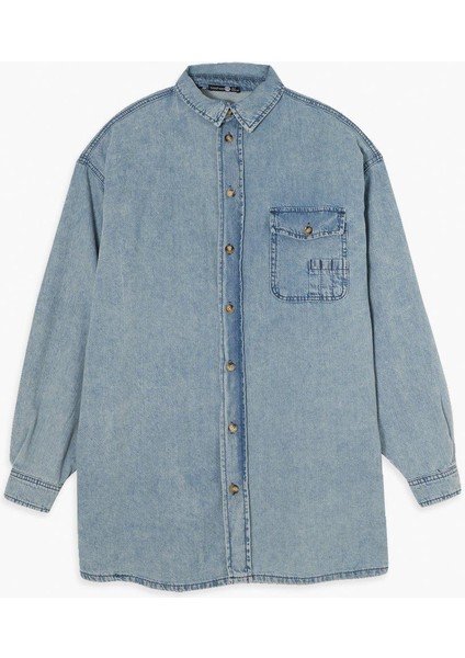 Kadın Büyük Beden Mavi, Cep Detaylı Oversize Yıkamalı Kot Gömlek 65N38808 fiyatları