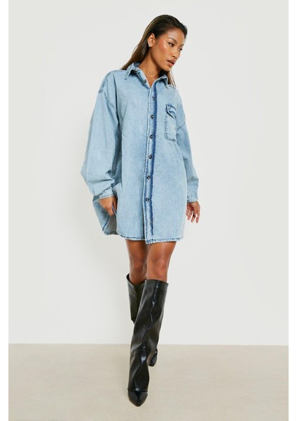 Kadın Büyük Beden Mavi, Cep Detaylı Oversize Yıkamalı Kot Gömlek 65N38808 modelleri