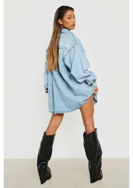 Kadın Büyük Beden Mavi, Cep Detaylı Oversize Yıkamalı Kot Gömlek 65N38808 fırsatları