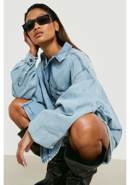 Kadın Büyük Beden Mavi, Cep Detaylı Oversize Yıkamalı Kot Gömlek 65N38808 indirimleri