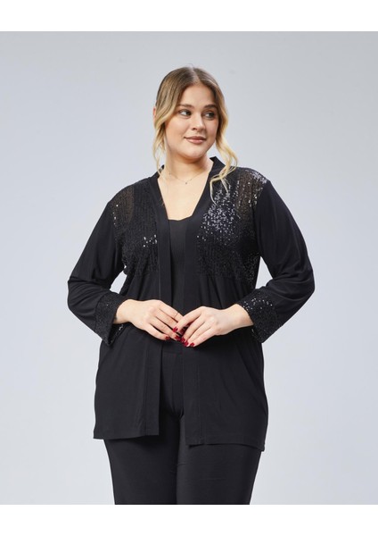 Kadın Büyük Beden Siyah, Ön ve Kol Ağzı Pul Payet Işli Hırka 65N38792