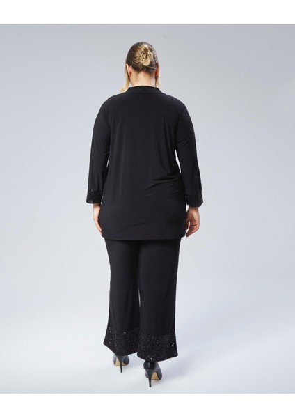 Kadın Büyük Beden Siyah, Ön ve Kol Ağzı Pul Payet Işli Hırka 65N38792