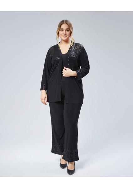 Kadın Büyük Beden Siyah, Ön ve Kol Ağzı Pul Payet Işli Hırka 65N38792