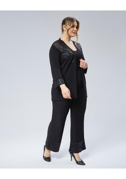 Kadın Büyük Beden Siyah, Ön ve Kol Ağzı Pul Payet Işli Hırka 65N38792