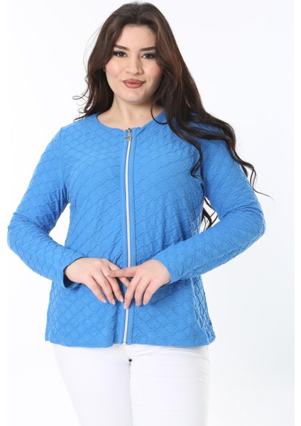 Kadın Büyük Beden Mavi Gofreli Kumaş Fermuarlı Hırka 65N38868 modelleri