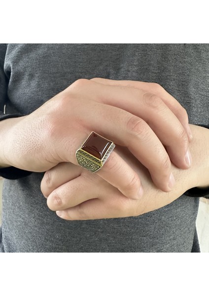 925 Ayar Gümüş Akik Taşlı Kalem Işlemeli Erkek Yüzük modelleri