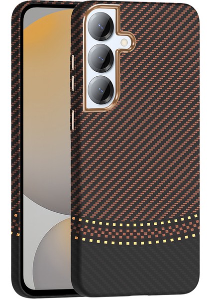 Galaxy S25 Kılıf M-Safe Şarj Özellikli Karbon Fiber Görünümlü Frm Gros Kapak - Gold-Siyah