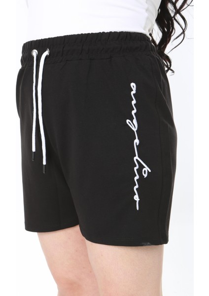 Kadın Büyük Beden Siyah Beli Bağcık ve Lastik Detaylı Cepsiz Şort 65N38921