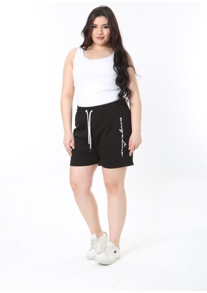 Kadın Büyük Beden Siyah Beli Bağcık ve Lastik Detaylı Cepsiz Şort 65N38921