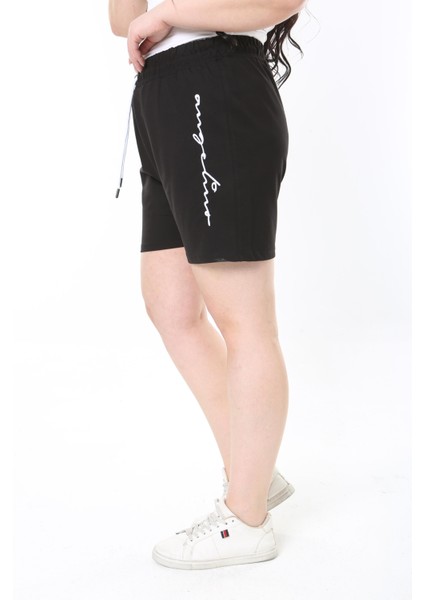 Kadın Büyük Beden Siyah Beli Bağcık ve Lastik Detaylı Cepsiz Şort 65N38921