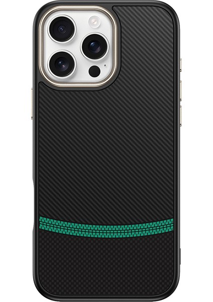 iPhone 16 Pro Kılıf M-Safe Şarj Özellikli Karbon Fiber Görünümlü Frm Antina Kapak - Siyah-Yeşil