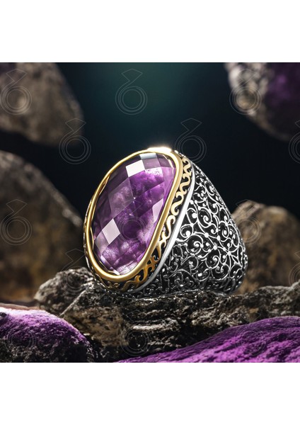 Gümüş Özel Kesim Ametist Taşlı Telkari Tasarım Erkek Yüzük fiyatları