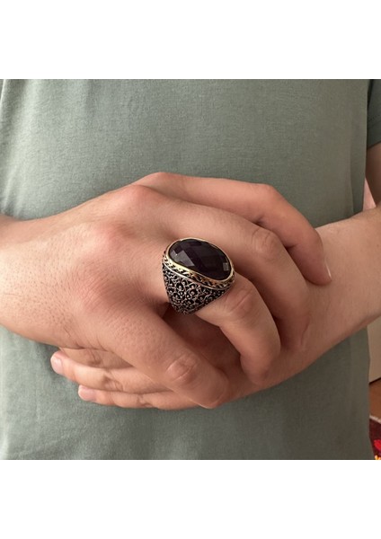 Gümüş Özel Kesim Ametist Taşlı Telkari Tasarım Erkek Yüzük modelleri