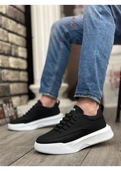 BA0332 Merdiven Desen Bağcıklı Erkek Yüksek Taban Siyah Cilt Beyaz Taban Spor Ayakkabı