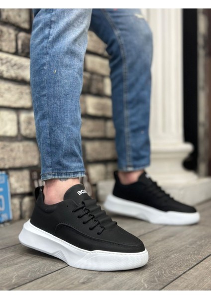 BA0332 Merdiven Desen Bağcıklı Erkek Yüksek Taban Siyah Cilt Beyaz Taban Spor Ayakkabı fiyatları
