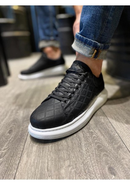 Knack Yüksek Taban Günlük Ayakkabı 044 Kapitone Siyah (Beyaz Taban)