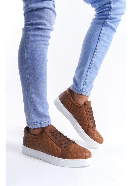 SLW166 Prestige Bağcıklı Cilt Kapitone Desenli Erkek Günlük Sneaker Ayakkabı Bt Taba