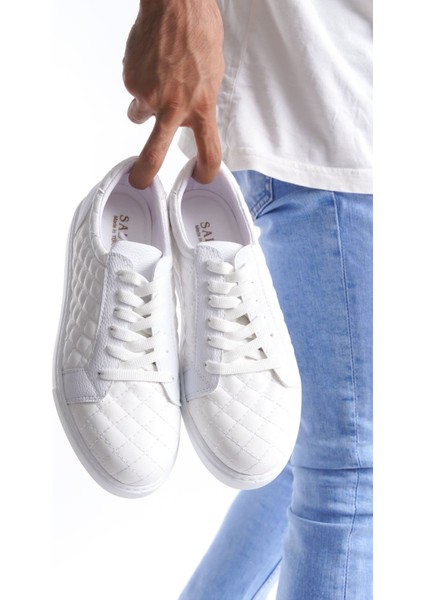 SLW166 Prestige Bağcıklı Cilt Kapitone Desenli Erkek Günlük Sneaker Ayakkabı Bt Beyaz