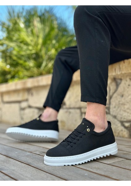 BA0152 Bağcıklı Yüksek Taban Siyah Keten Erkek Ayakkabı