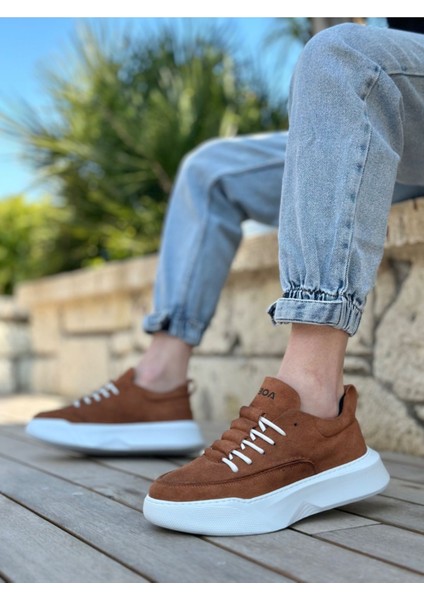 BA0332 Merdiven Desen Bağcıklı Erkek Yüksek Taban Taba Süet Beyaz Taban Spor Ayakkabı fırsatları