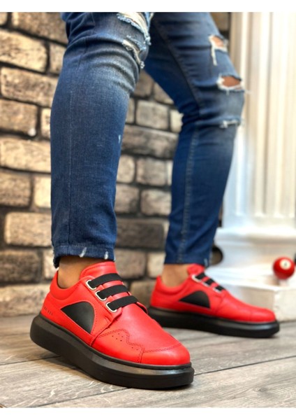 BA0302 Boa Kalın Taban Bağcıksız Tarz Casual Kırmızı Siyah Erkek Ayakkabı
