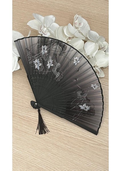 Hediye Yelpaze Kesesi Bambu Gri - Siyah Çiçek Desenli Japon Yelpaze