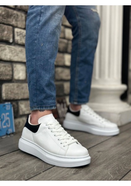 BA0547 Boa Kalın Yüksek Taban Beyaz Siyah Bağcıklı Spor Erkek Ayakkabı