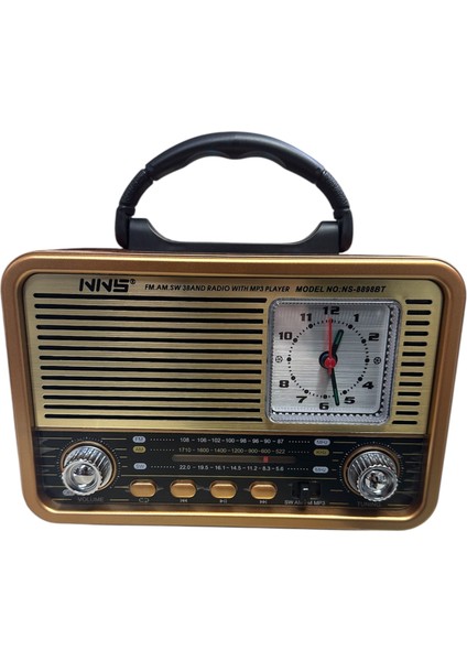 NS-8898BT Nostaljik Analog Saatli Fm Radyo Bluetooth Hoparlör USB Tf Aux Mp3 Çalar