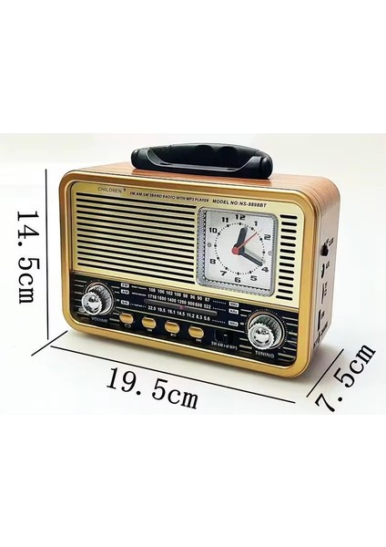 NS-8898BT Nostaljik Analog Saatli Fm Radyo Bluetooth Hoparlör USB Tf Aux Mp3 Çalar