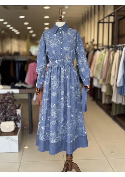 Çiçek Dokulu Denım Premıum Elbise Indigo 5027