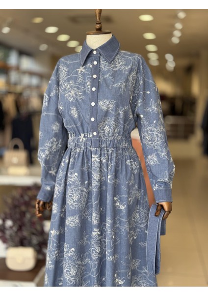 Çiçek Dokulu Denım Premıum Elbise Indigo 5027