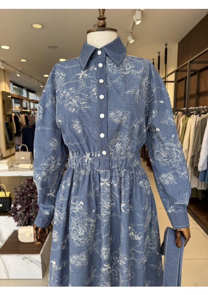 Çiçek Dokulu Denım Premıum Elbise Indigo 5027