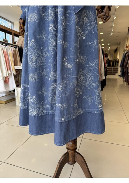 Çiçek Dokulu Denım Premıum Elbise Indigo 5027