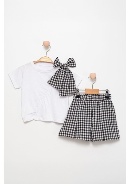 Fiyonk Detaylı Pötikare Şortlu Kız Çocuk 2 li takım - Siyah