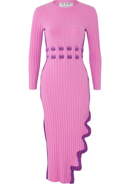 Dalgalı Yırtmaçlı Aster Plise Elbise - Pembe