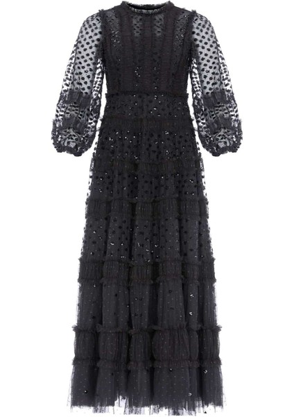 Işıltılı Nokta Detaylı Uzun Abiye Elbise