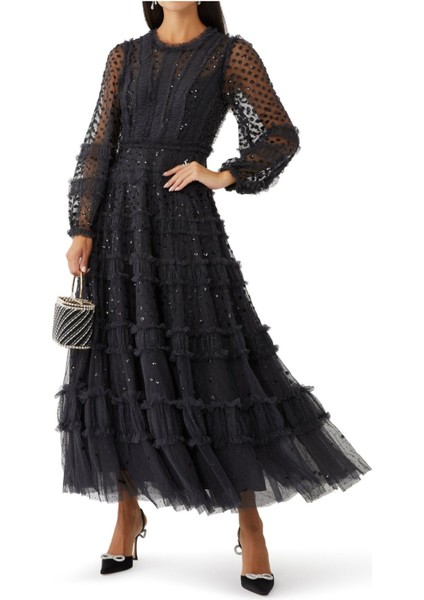 Işıltılı Nokta Detaylı Uzun Abiye Elbise fiyatları